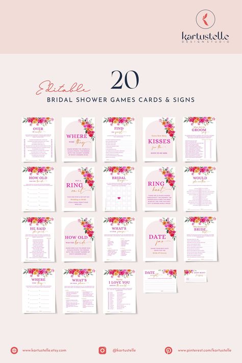 Pink orange bridal shower games bundle template hot pink floral bridal shower games set bold vibrant colorful roses flowers fuchsia 0268 Flowers Fuchsia, Pink Floral Bridal Shower, Bride Card, Bridal Bingo, Orange Party, Hot Pink Floral, Pink Bridal Shower, Colorful Roses, Floral Bridal Shower