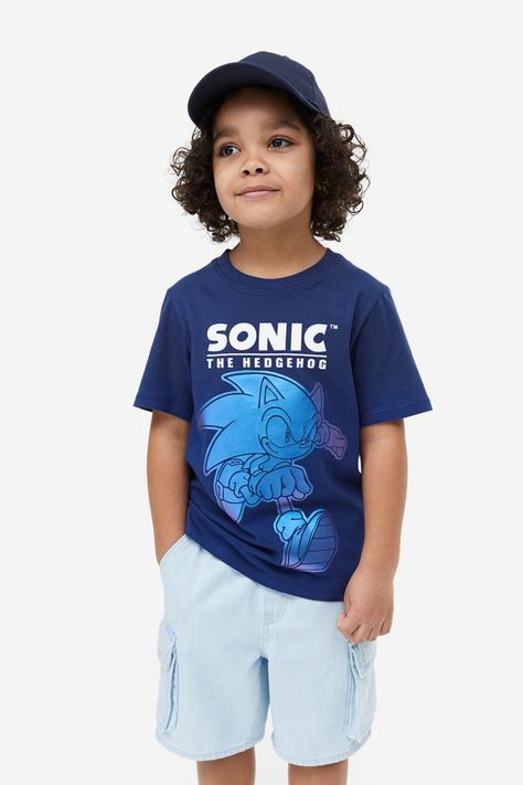 Print Jersey Tee - Dark blue/Sonic the Hedgehog - Kids | H&M AU White Toms, Tulle Skirt Dress, Frozen Costume, Printed Jersey, Printed Joggers, Cotton Set, Print Pajamas, The Hedgehog, Jersey Tee