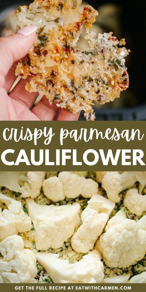 Best Air Fryer Cauliflower (Parmesan Crusted): Indulge in crispy, Parmesan-crusted air fryer cauliflower, a healthy and delicious side dish. Best Air Fryer Cauliflower, Crispy Parmesan Cauliflower, Fall Recipes Snacks, Cauliflower Parmesan, Buffalo Bites, Air Fryer Cauliflower, Braised Kale, Parmesan Cauliflower, Cheese Vegan