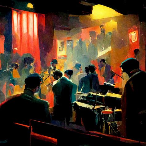 40s Jazz Club Aesthetic, Jazz Club Drawing, Old Jazz Club Aesthetic, Jazz Club Art, Gin On The Rocks, Sustained Investigation, Art Analysis, Blues Art, Jazz Cafe