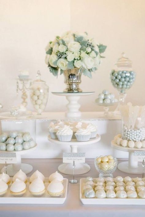 Wedding Dessert Table Decor, Dessert Table Decor, Quinceanera Themes, All White Wedding, Wedding Dessert Table, Quinceanera Party, Dessert Buffet, Candy Table, Wedding Candy