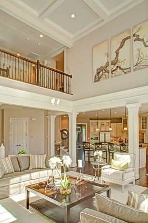 Traditional Living Room with Crown molding, High ceiling, Hardwood floors, Box ceiling, Columns, Balcony High Ceiling Decorating, Interior Design Country, Two Story Fireplace, High Ceiling Living Room, Stair Case, Foyer Decorating, Family Room Decorating, Living Room Ceiling, Traditional Living