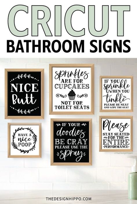 Make funny farmhouse style signs for your bathroom using these free SVG and DXF cut files for Cricut and Silhouette #cricut #svg #silhouette #decor #bathroom #funny #farmhouse #sign Cricut Bathroom Signs, Free Bathroom Svg, Bathroom Printables Free, Bathroom Svg, Bathroom Quotes Funny, Cricut Explore Air Projects, Silhouette Decor, Circuit Crafts, Digital Word