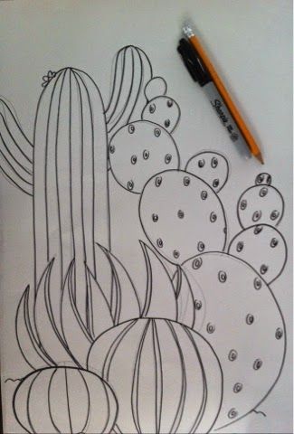 The Lost Sock : How to Practice Cactus... How To Paint A Cactus Step By Step, Cactus Flower Painting Acrylic, How To Draw A Cactus Step By Step, Zentangle Cactus, Outline Art Simple, Cactus Flower Painting, Cactus Artwork, Rodeo Art, Cactus Paintings