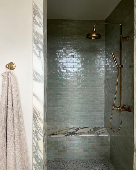 Alexander James Tile Studio | Moody serenity featuring the watery tones of Zellige in the color moss. It’s a shower that begs you to sit down and stay awhile. Shop This… | Instagram Zellige Tile Bathroom, Tiles Of Ezra, Blue Shower Tile, Subway Tile Showers, Wet Room Shower, Online Design Services, Pony Wall, Bathroom Transformation, Watermark Design