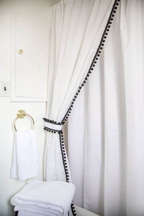 8 Stylish Solutions for Ugly Rental Bathrooms | Apartment Therapy Pom Pom Shower Curtain, Neutral Drapes, Burbank Homes, Pretty Shower Curtains, Beach Curtains, Rental Bathroom, Waffle Weave Shower Curtain, Palm Beach Regency, Interior Props