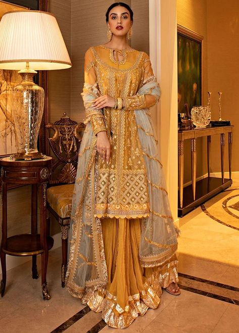 hover Pakistani Sharara Suit, Pakistani Sharara, Yellow Wedding Dress, Suits Pakistani, Sobia Nazir, Mehndi Party, Pakistani Dresses Online, Pakistani Salwar, Net Dress