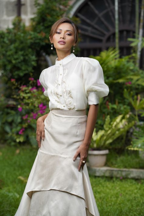 Embroidered filipiniana top in silk cocoon with tiered skirt in ivory silk shantung Modern Filipiniana Top, Filipiniana Top, Modern Filipiniana Dress, Silk Cocoon, Filipino Fashion, Modern Filipiniana, Wedding Dress Suit, Filipiniana Dress, Ivory Silk