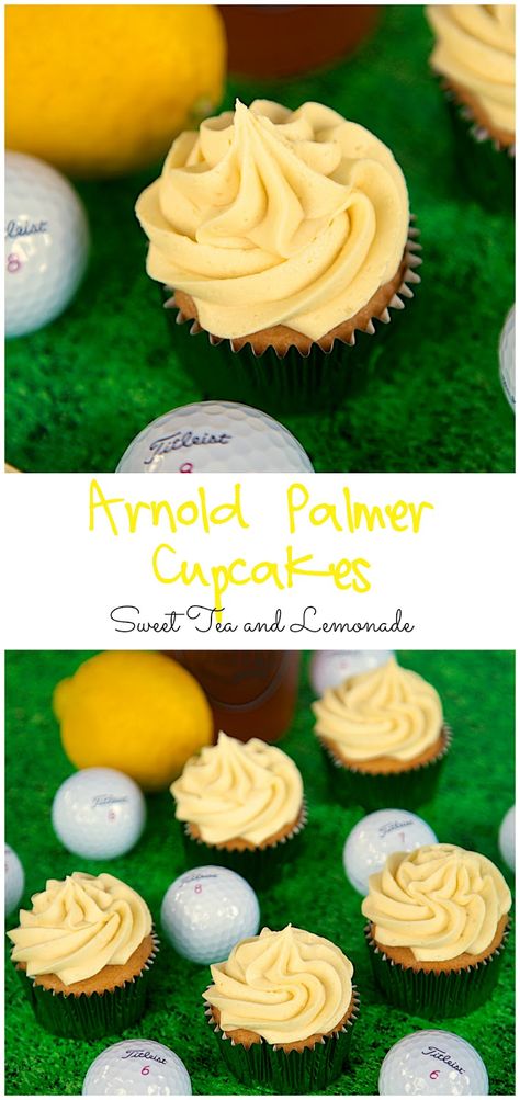 Arnold Palmer Cupcakes Recipe - Iced Tea and Lemonande cupcakes and buttercream. SO good!! Perfect for watching The Masters. Arnold Palmer Cupcakes, Masters Party Dessert, Masters Golf Desserts, Masters Golf Party Desserts, Tea Flavored Cupcakes, Masters Cupcakes, Flavored Cupcakes, Masters Party, Recipes Cupcakes