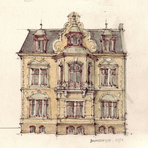 Bahnhofstraße    pencil drawing with water colour City Pattern, Architectural Drawing, Urban Sketchers, House Drawing, Illustration Vintage, Urban Sketching, Architecture Sketch, Vintage Rose, Ink Pen Drawings