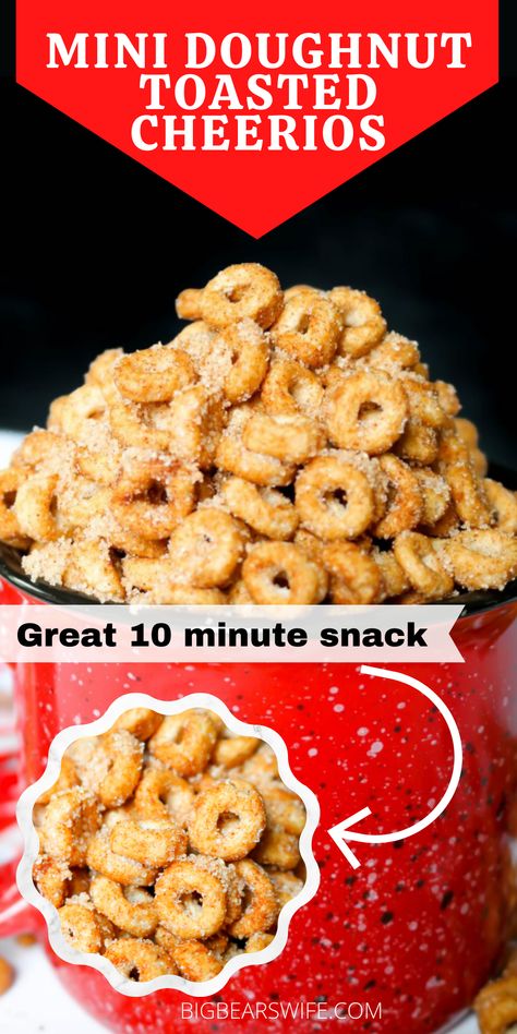 These Mini Doughnut Hot Buttered Toasted Cheerios are a perfect sweet treat and super easy to make! Toasted Cheerios are perfect for snacking! via @bigbearswife Cherios Recipes Healthy, Seasoned Cheerios, Desserts With Cheerios, Plain Cheerios Recipes, Cheerio Snacks, Cherios Recipes, Toasted Cheerios, Last Minute Potluck Ideas, Hot Buttered Cheerios