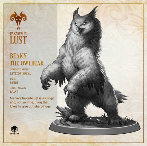 Dnd Beastmaster, Owlbear Tattoo, Owl Bear Dnd, Owlbear Bg3, Owlbear Art, Owlbear Dnd, Owl Monster, Tavern Brawl, Loot Studios