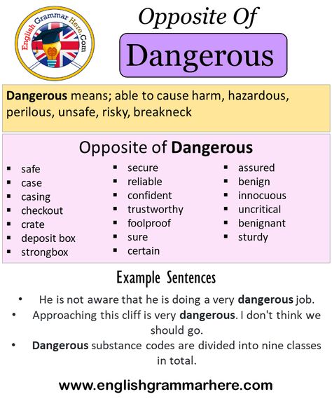 Opposite Of Dangerous, Antonyms of Dangerous, Meaning and Example Sentences Antonym opposite words contradict each other and meet opposite meanings. A word has synonyms as well as antonyms. When we learn a language, when we learn a word in that language, it will be very useful for us to learn both the opposite and the synonyms of this word. Because learning a word with its synonyms increases our competence in that language as well as our competence in speaking and writing. Learning a word with Opposite Words List, Collins Dictionary, Learn A Language, Opposite Words, Word Sentences, Word List, English Grammar, A Word, English Words