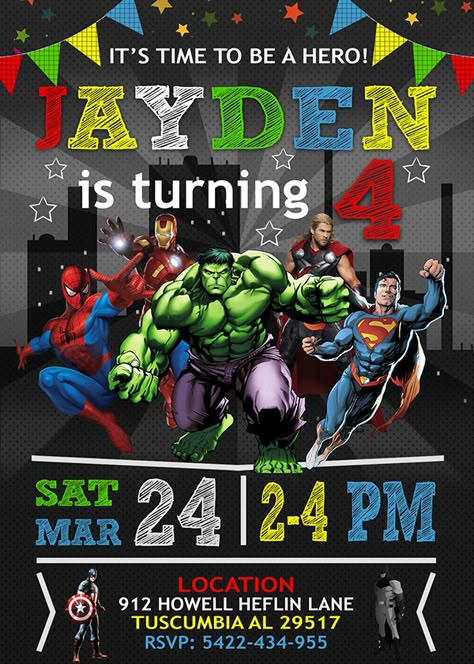 Avengers Invitation, Avengers Theme Birthday, Superhero Party Printables, Avenger Party, Avengers Birthday Party Decorations, Superhero Party Invitations, Superhero Birthday Party Invitations, Avengers Birthday Party, Superhero Birthday Cake