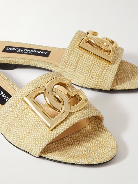 DOLCE & GABBANA Bianca logo-embellished raffia slides | NET-A-PORTER Luxury Flat Sandals, Dolce And Gabbana Sandals, Chloe 2024, Designer Slides, Luxury Flats, Dream Aesthetic, Dolce Gabbana Shoes, Girly Shoes, Leather Slide Sandals