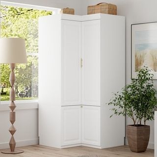 100% Solid Wood Cosmo 4-Door Wardrobe with Solid Wood or Mirrored Doors - On Sale - Bed Bath & Beyond - 37717187 L Shaped Corner Cabinet, Corner Armoire Bedroom, Small Armoire Ideas, Tiny Closet Storage, Corner Closet Organization, Corner Closets, Small Space Wardrobe, Corner Closet Ideas, Corner Storage Ideas