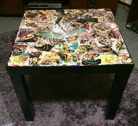 Decoupage Tattoo inspired table, i paid $5 for table then applied my pics finishing with glass coat resin by Feast & Watson. Sticker Table, Decoupage Crafts, Resin Tables, Modern Gothic, Dream Apartment Decor, Deco Stickers, Tables Diy, My Pics, Dream Apartment