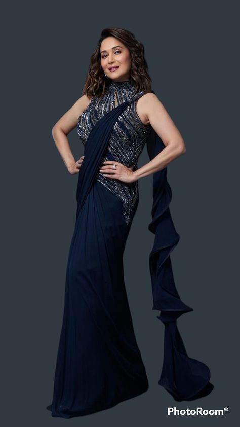 Navy Blue Saree With Silver Blouse, Hairstyle On Gown, Unique Dress Design, Unique Saree, Reception Outfits, Engagement Gowns, Draping Styles, Draped Saree, Stitched Saree