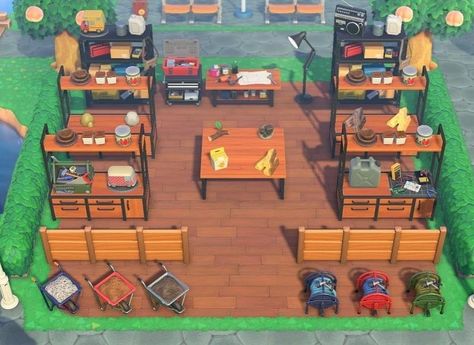 Acnh Crafting Area, Animal Crossing Crafting Area, Animal Crossing Workshop Area, Acnh Crafting Area Ideas, Acnh Normcore, 111 Drawing, Animal Crossing Inspiration, Crafting Area, Acnh Inspo