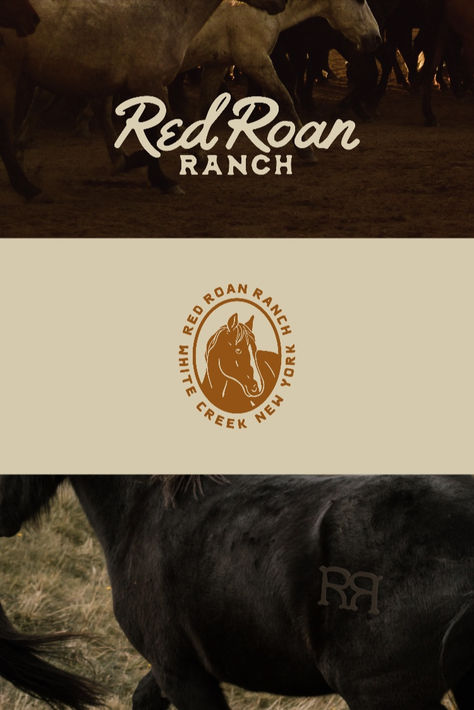 Ranch branding - for Red Roan Ranch in upstate New York. #ranchlogo #ranchbranding #westernlogo #westernbranding #horselogo Ranch Style Restaurant, Ranch Branding Design, Horse Branding Design, Texas Ranch Aesthetic, Ranch Logo Design Ideas, Cowboy Branding, Ranch Logo Design, Travel Agency Branding, Drinking Stickers