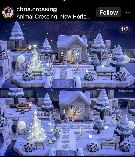 Acnh Christmas Village, Acnh Winter Neighborhood, Animal Crossing Island Ideas Winter, Acnh Winter House Exterior, Winter Animal Crossing Island, Animal Crossing Winter House, Acnh Winter Flowers, Winter Acnh Island, Winter Animal Crossing