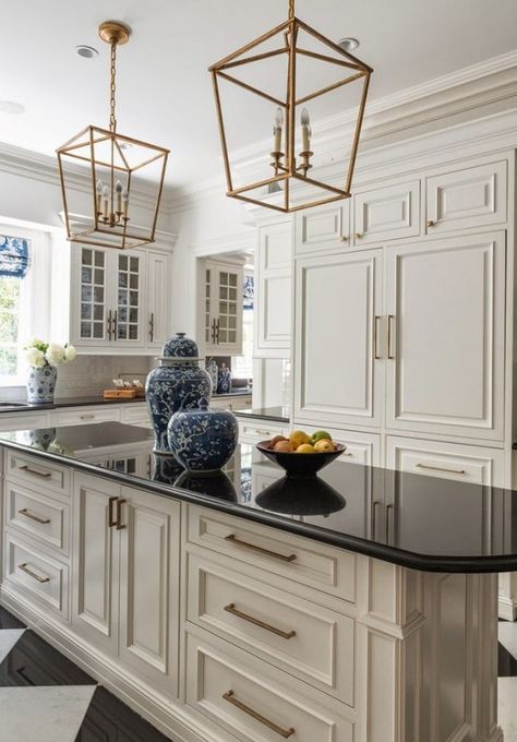 Gold Kitchen Hardware | The House that A-M Built Cage Pendant Light Over Island, White Kitchen Floor, Antique White Kitchen Cabinets, Cream Kitchen Cabinets, Antique White Kitchen, Pendant Lantern, Chandelier Vintage, Black Countertops, Farmhouse Kitchen Island