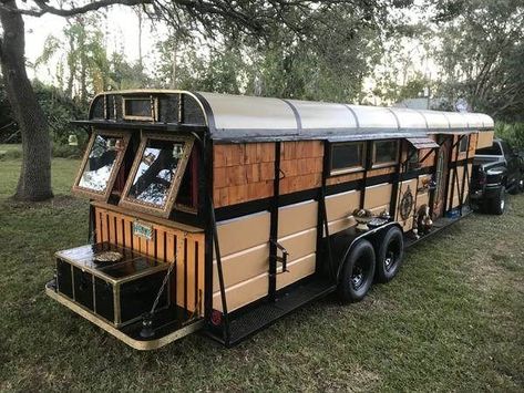 Though no longer for sale, this converted 6 horse trailer features some very ornate decor on the inside. School Bus Camper, School Bus House, Old School Bus, Bus Living, Wagons For Sale, Bus House, Boho Life, Van Home, Wild Apple