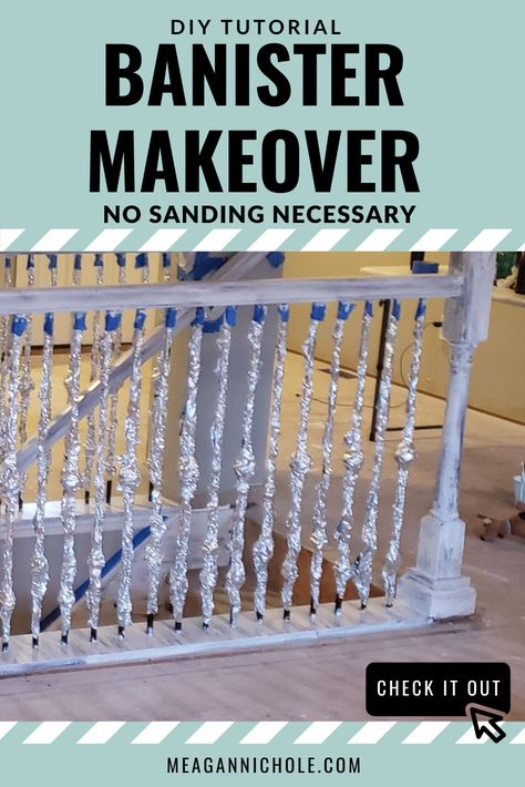 Banisters And Railings Makeover Paint, Update Spindles On Stairs, How To Paint A Banister, Wrought Iron Stair Railing With Wood Banister, Painting Wood Banister, Repainting Stair Rails Banisters, Stair Railing Ideas Staircase Makeover, Refinish Banister, Updating Banisters And Railings