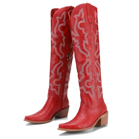 PRICES MAY VARY. Snip toe Chunky heel Western stitch patterns With half zippers for easy on and off Heel Height - 2" Shaft Height - 22" These versatile western boots are perfect for various occasions and can be paired with jeans, skirts, or dresses for a range of stunning looks. Whether you're attending a country music concert, embracing your inner cowgirl, or simply want to add a touch of Western flair to your outfit, these boots are the perfect choice. Thigh High Western Boots Outfit, Thrift Manifest, Red Boots Women, Embroidered Cowboy Boots, Red Cowgirl Boots, Western Boots Outfit, Cowboy Boots For Women, Texas Summer, Red Cowboy Boots