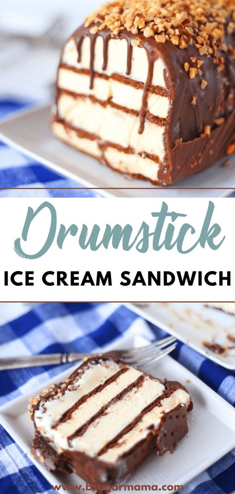 Looking for a show-stopping frozen dessert? My Drumstick Ice Cream Sandwich Cake is pure dessert magic! Indulge in layers of drumstick ice cream, caramel, peanuts, and fudge sauce. It's a symphony of flavors that will wow your friends and family. Get the recipe now! Ice Cream Sandwich Cake Recipe, Ice Cream Sandwich Dessert, Ice Cream Caramel, Drumstick Ice Cream, Cream Sandwich Cake, Ice Cream Recipes Machine, Ice Cream Sunday, Ice Cream Sandwiches Recipe, Ice Cream Sandwich Cake