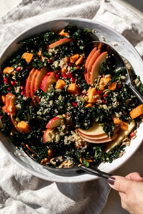 Kale Harvest Grain Bowl - Cooking with Cocktail Rings Luxury Grocery Store, Harvest Grain Bowl, Grain Bowl Recipe, Kale And Quinoa, Pumpkin Varieties, Massaged Kale, Simple Vinaigrette, Gala Apples, Grain Bowl