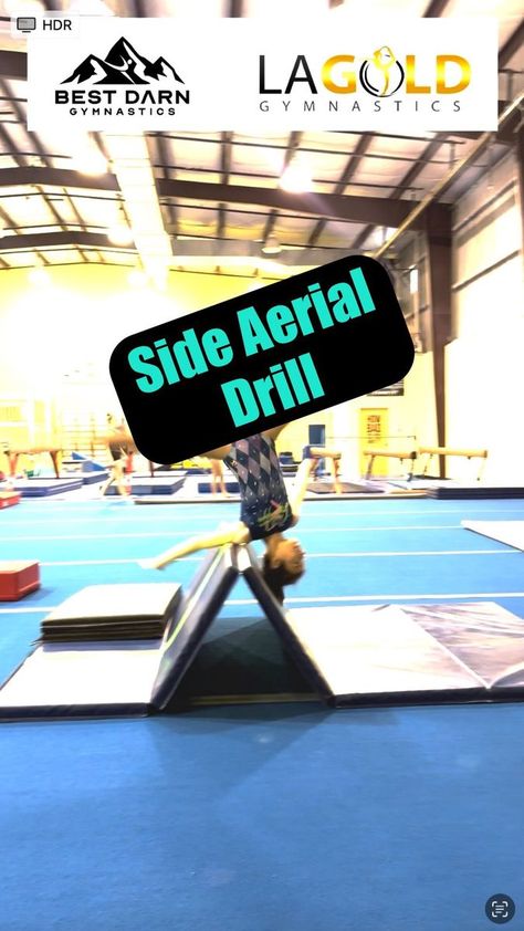 Super cool take on a side aerial drill! The athlete uses the panel mat as a marker to rise over, a slight support for the shoulder to focus on correct pathways, and it encourages head in on the finish prior to stand up. We hope this helps you and your athletes create their Best Darn Gymnastics! #gymnastics #coaching #education | Best Darn Gymnastics | Side Aerial Drills, Aerial Drills Gymnastics, Aerial Drills, Side Aerial, Cheer Tumbling, Gymnastics Drills, Gymnastics Coaching, Drills, Tumbling