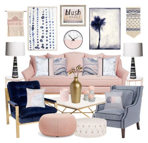 Navy And Blush Office, Pink And Navy Office, Blue And Pink Living Room, Blush Living Room, Salon Art Deco, Pink Living Room Decor, Navy Living Rooms, Pink Living Room, Living Room Color Schemes