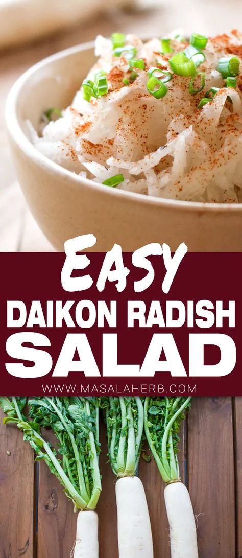 Daikon Radish Salad Recipe - White Winter Chinese/japanese radish aka indian mooli giant radish turned into a simple easy daikon salad. In seaosn in winter! This daikon recipe is prepared like the Austrian Rettich (white European summer radish) salad which is a cousin of the daikon radish. Read more about what daikon vegetable is, how to grow daikon radish and daikon health benefits. RECIPE here www.MasalaHerb.com #radish #salad #masalaherb White Radish Salad, Chinese Radish Recipes, Japanese Radish Recipes, White Radish Recipes, Daikon Recipes, Radish Salad Recipe, Daikon Recipe, Misfits Market, White Salad