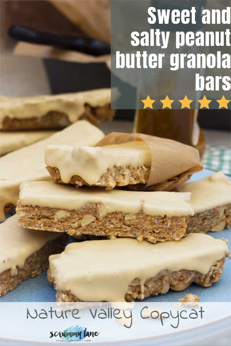 These no bake sweet & salty peanut butter granola bars are packed with peanut-y flavour, and dipped in a peanut butter coating. Only 6 ingredients. Peanut butter lovers rejoice! #peanutbutter #granolabars #nobakegranolabars #healthysnacks #peanuts #scrummylane Sweet And Salty Granola Bars, Homemade Peanut Butter Granola Bars, Diy Granola Bars, Granola Bar Recipe Chewy, Chewy Granola Bars Homemade, Peanut Butter Granola Bars, No Bake Granola Bars, Healthy Granola Bars, Chewy Granola Bars