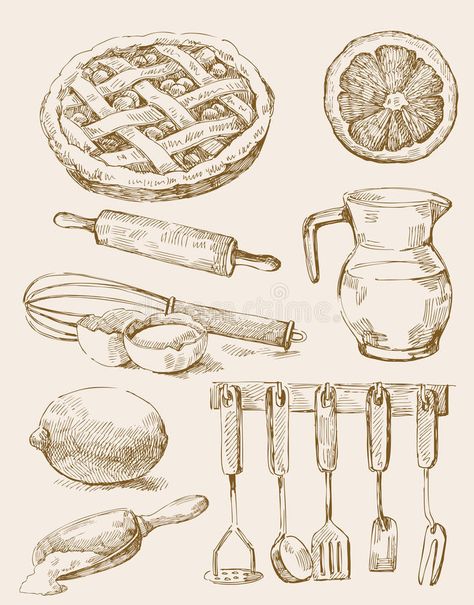 Vintage Kitchen Drawing, Food Vintage Illustration, Vintage Food Illustration, Pie Drawing, Kitchen Background, Kitchen Drawing, Food Illustration Art, Object Drawing, Vintage Drawing