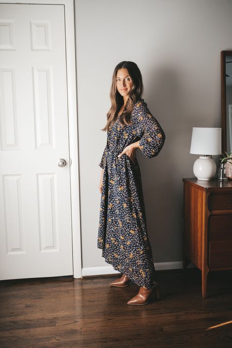 Thanksgiving Outfit Ideas - Stitch & Salt Flowy Winter Dresses, Fall Dress Outfits With Boots, Fall Dress Styles Outfit Ideas, Casual Fall Dresses 2022, Boots With Maxi Dress Fall, Dress Pants Wedding Guest Outfit Ideas, Dressy Thanksgiving Outfit Women, Fall Church Dress, Shoes To Wear With Fall Dresses