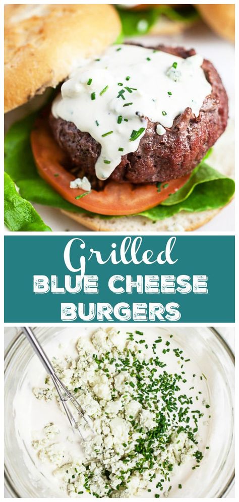 These Grilled Blue Cheese Burgers are juicy and topped with a homemade creamy sauce! They're made with ground beef that's formed into patties and grilled to perfection. They can be made on a charcoal or gas grill. These burgers are seasoned with garlic and onion powder. The topping is made with mayo, sour cream, and blue cheese crumbles. This gluten free burger recipe is great for summer grilling or all year long! Blue Cheese Burger Sauce, Burger Sauces, Gluten Free Burger, Summer Grill, Blue Cheese Burgers, Cheese Burgers, Blue Cheese Sauce, Dinners Recipes, Fantastic Recipes