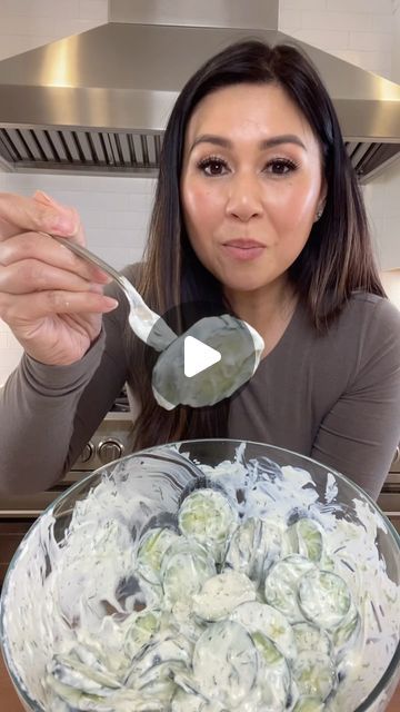 My Nguyen on Instagram: "Save my recipe for Creamy Cucumber Salad! It’s the perfect side dish for Spring. The ingredients are 4 cucumbers, 3/4 cup Greek Yogurt, 1/2 cup light sour cream, 1 oz chopped dill, 2 tbsps of honey, 1/2 tbsp of garlic powder and 1 tsp of salt. #cucumbersalad #saladrecipe #healthyrecipes #recipevideo #sidedish" Creamy Cucumber Salad With Greek Yogurt, Easy Cucumber Salad Recipes, Creamy Cucumber Salad With Sour Cream, Cucumber Salad Cream Cheese, Ranch Cucumber Salad, Viral Cucumber Salad, Cucumber Snack Ideas, Cucumber Salad Creamy, Recipe Using Tortillas