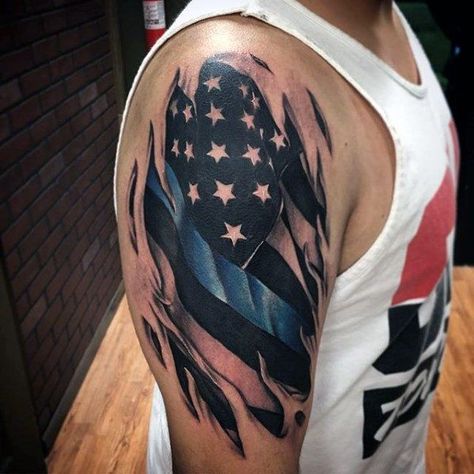 The 80 Best American Flag Tattoos for Men | Improb Land Tattoos, Blue Line Tattoo, Tattoos For Men On Arm, Flag Tattoos For Men, Chinese Tattoo Designs, American Flag Tattoos, Flag Tattoos, Patriotic Tattoos, Country Tattoos