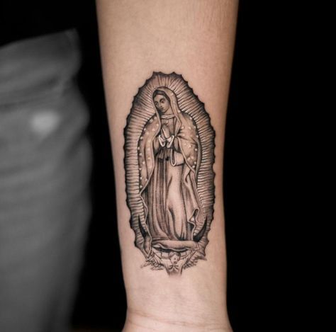 Small Virgin Mary Tattoo For Women, La Virgencita Tattoo, Virgen De Guadalupe Tattoo Ideas Women, Virgen Mary Tattoo For Women, Saint Mary Tattoo, Virgin Mary Tattoo For Women, Hispanic Tattoos For Women, Spirituality Tattoos, Virgencita Tattoo