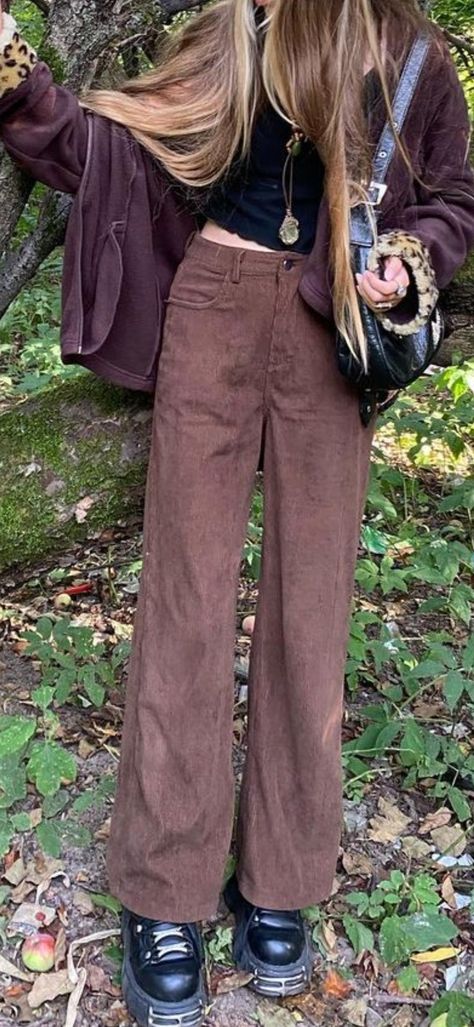 Vintage Corduroy Pants Outfit, Whimsigothic Pants, Fairycore Pants Outfit, Brown Pants Grunge Outfit, Brown Corduroy Trousers Outfit, Cottage Core Pants Outfit, Fairy Core Pants, First Day Of School Outfit Grunge, Fairycore Outfit Pants