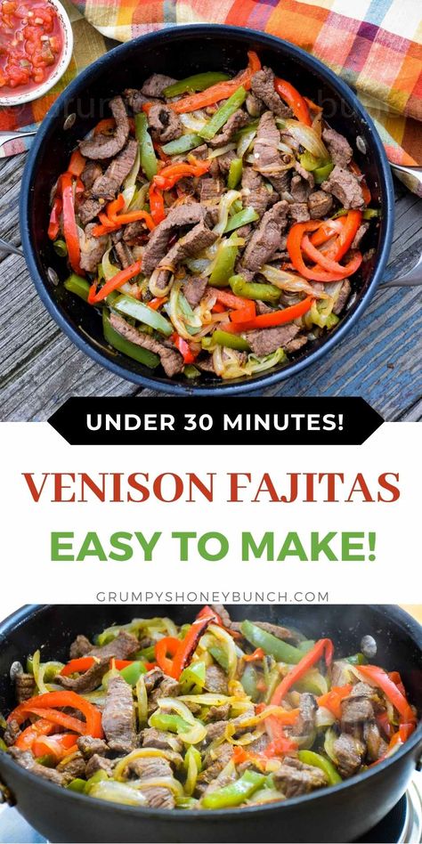 Venison Steak Fajitas, Venison Fajitas Recipe, Deer Fajitas, Deer Steak Recipes Skillet, Recipes With Ground Venison, Recipes With Venison, Venison Stir Fry Recipe, Venison Stir Fry, Venison Fajitas