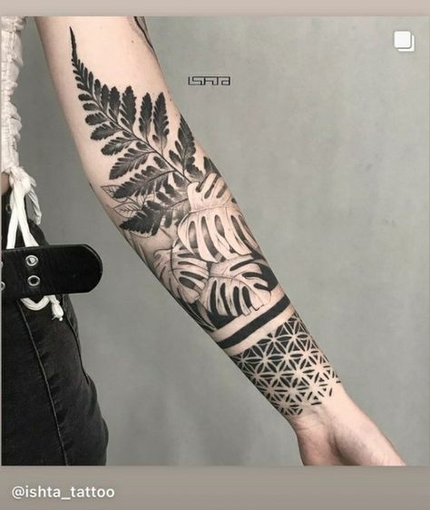 Fern Half Sleeve Tattoo, Geometrical Leg Tattoo, Geometric Vine Tattoo, Foliage Sleeve Tattoo, House Plant Tattoo Sleeve, Plant Half Sleeve Tattoo, Foliage Tattoo Sleeve, Shoulder To Neck Tattoos For Women, Botanical Tattoo Men