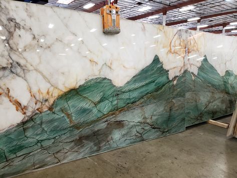 A gorgeous addition as a countertop or backsplash! Contact IRG to learn more about this amazing rare quartzite. Dramatic Stone Countertops, Patagonia Granite Bathroom, Emerald Quartzite Countertop, Colored Marble Countertops, Turquoise Quartzite Countertops, Unique Stone Countertops, Green Quartzite Countertops, Crystal Countertop, Quartzite Countertops Colors