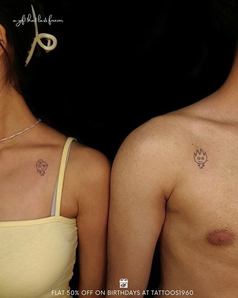 Best Friend Tattoo For Boy And Girl, Fire Boy And Water Girl Tattoo, Boy And Girl Matching Tattoos, Couple Tattoo Idea, Boy And Girl Best Friends Tattoos Ideas, Ice And Fire Tattoo, Fireboy And Watergirl Tattoo, Best Friend Tattoos Boy And Girl, Water Fire Tattoo