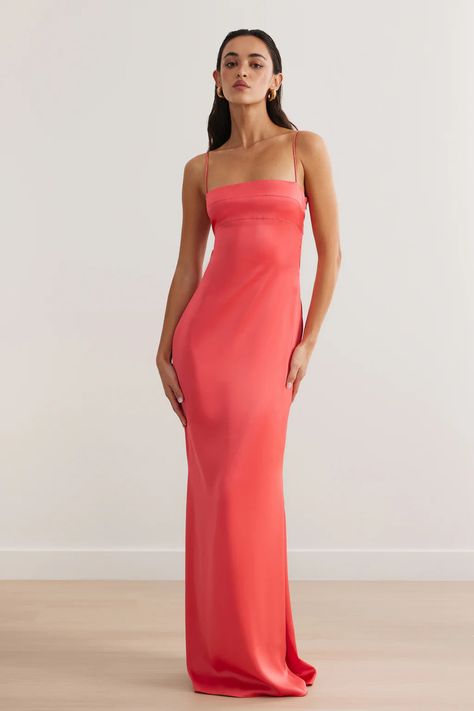 Lexi - Avani Gown - Coral < ONS Boutique Coral Prom Dress, Australian Clothing, Prom Dress Inspo, Flamingo Dress, Straight Across Neckline, Dress Hire, Elegant Dresses Classy, Evening Dress Fashion, Coral Dress