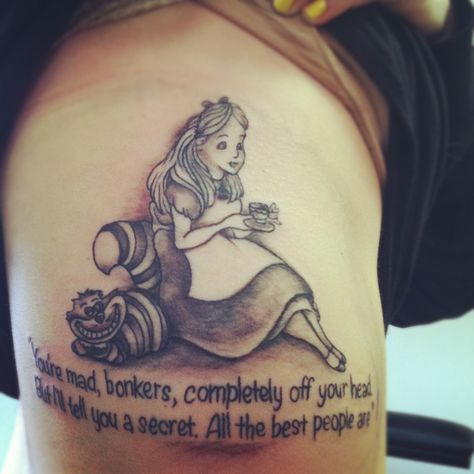 I am so proud to say that this is mine <3 Done by Stacey Hill @ Evolved, Columbus, OH Have I Gone Mad Tattoo, Old Alice In Wonderland, Mad Tattoo, The Best People Are Crazy, Mad Hatter Tattoo, Have I Gone Mad, Alice And Wonderland Tattoos, People Are Crazy, Alice In Wonderland Illustrations