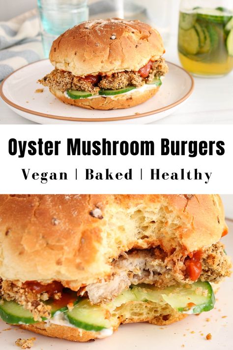 View on a baked oyster mushroom burger. Pink Oyster Mushroom Recipe, Vegan Oyster Mushroom, Vegan Mushroom Burger, Mushroom Burger Recipe, Oyster Mushroom Recipe, Mushroom Burgers, Cooked Oysters, Vegetarian Ideas, Baked Mushrooms