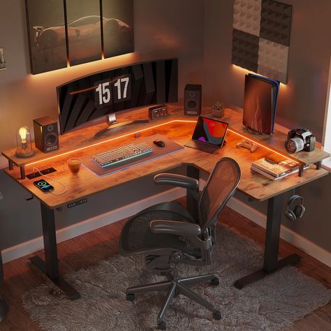 L Shape Gaming Setup, Desk With Lights, Home Office Lighting Design, Office Standing Desks, Home Office Setup L Shaped Desk, Desk With Led Lights, L Shaped Workstation, Large Standing Desk, Desk L Shape